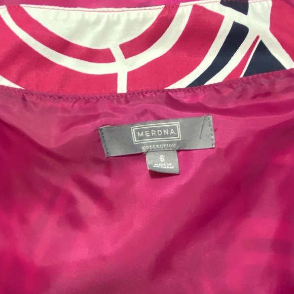 MERONA Abstract Sheath Dress with side Bow Tie Size 6 Pink Blue White - Picture 6 of 7